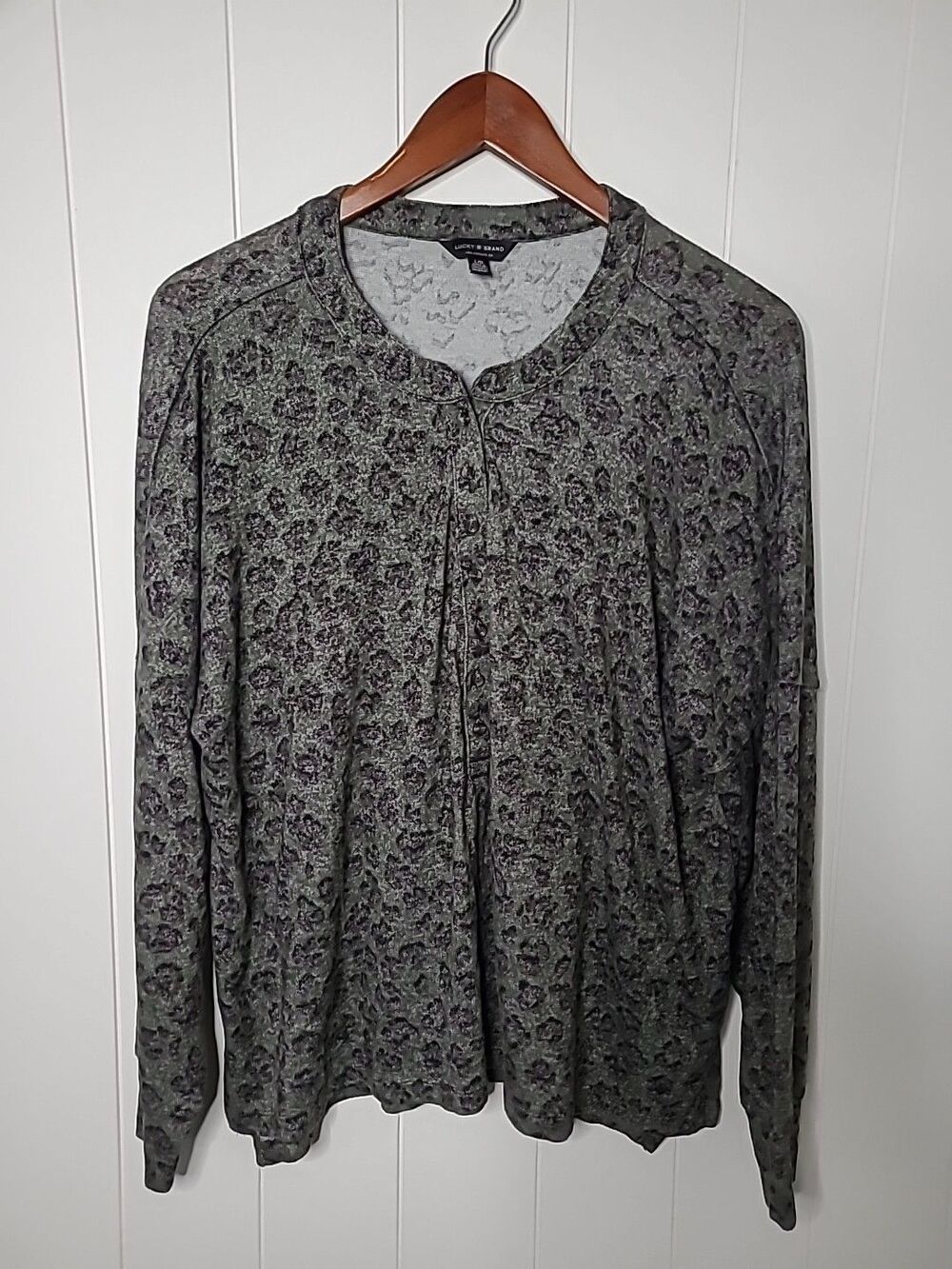 Lucky Brand Top Women Large Black Green Animal Print Boho Casual
